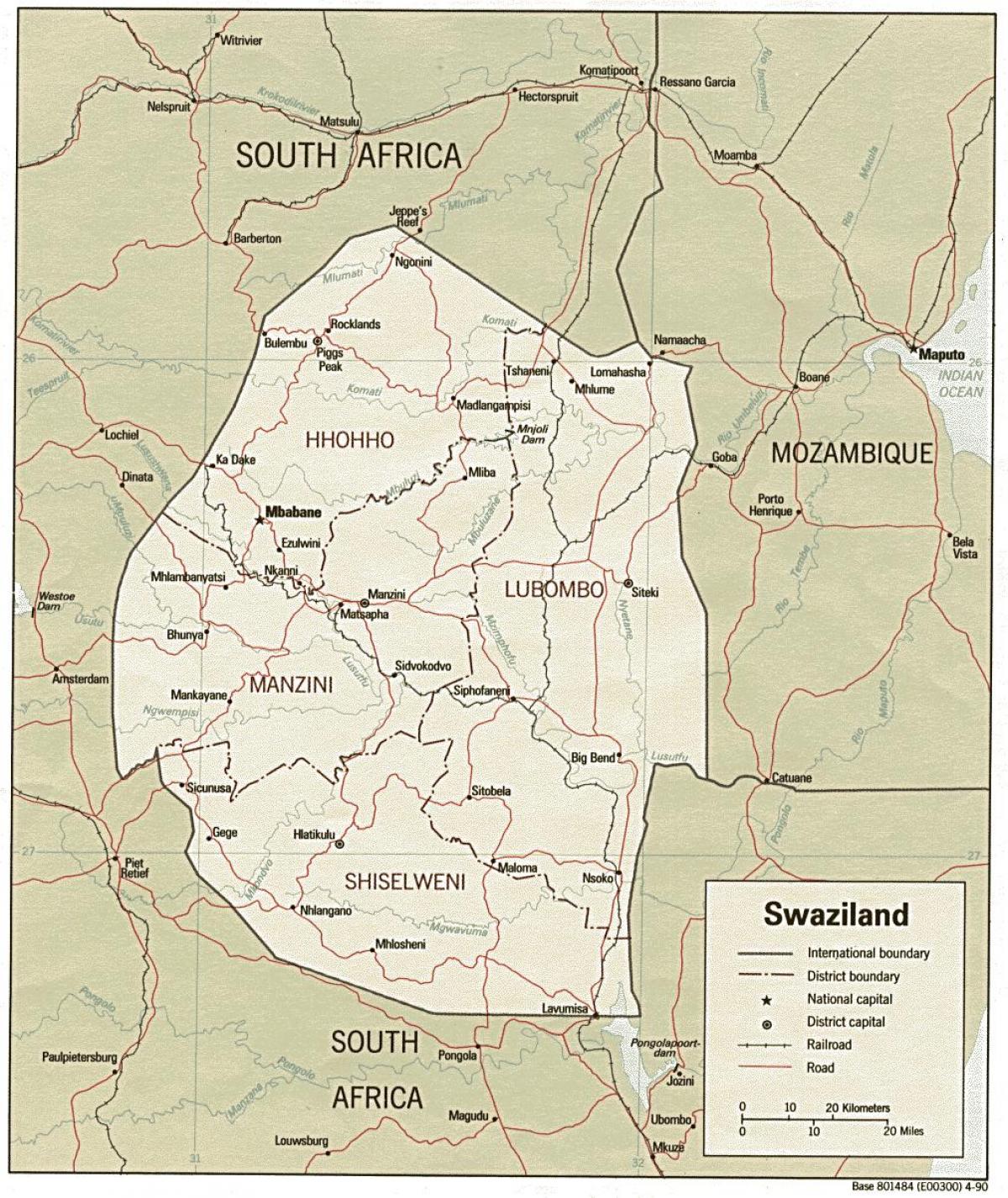 peta dari Swaziland menunjukkan pos perbatasan